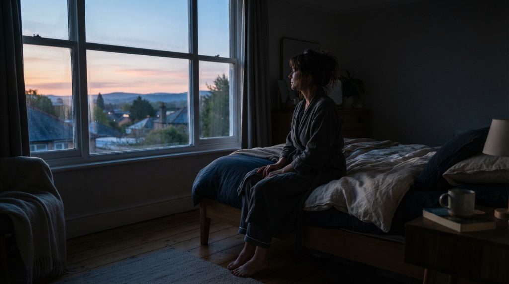 Persona despierta de noche a causa de la ansiedad nocturna